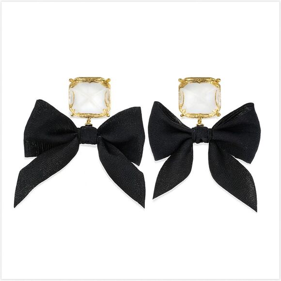 Fashion Jewelry Jewelry - Black Bow & Glass Faceted Square-Cut Stone Stud Earrings Gold Tone Metal NEW